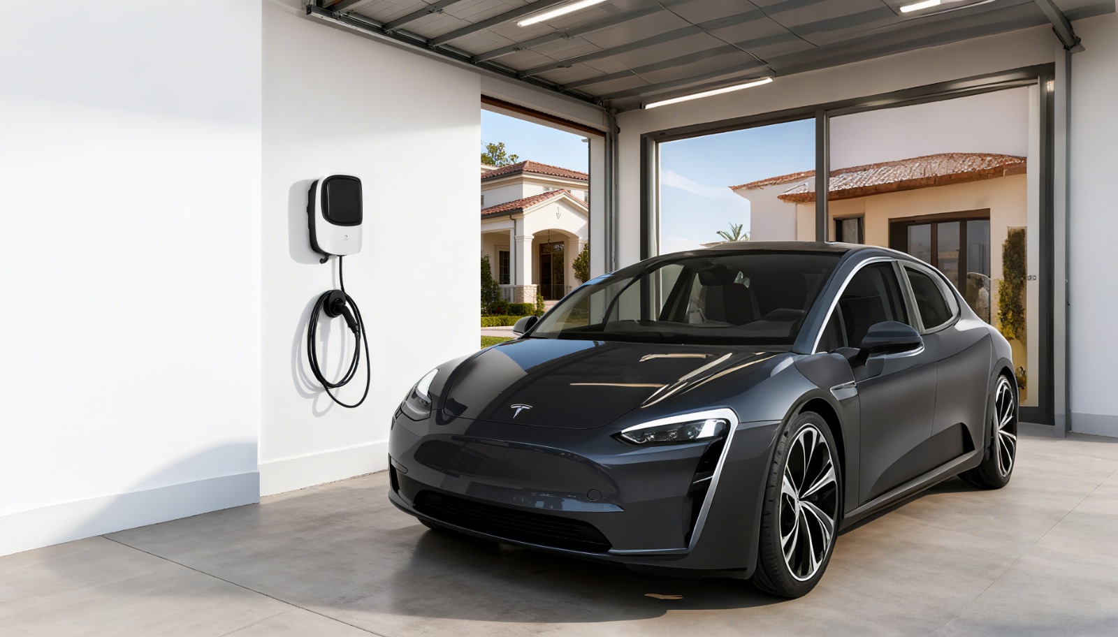 Auto eléctrico cargando con un wallbox Max Volten en un garage