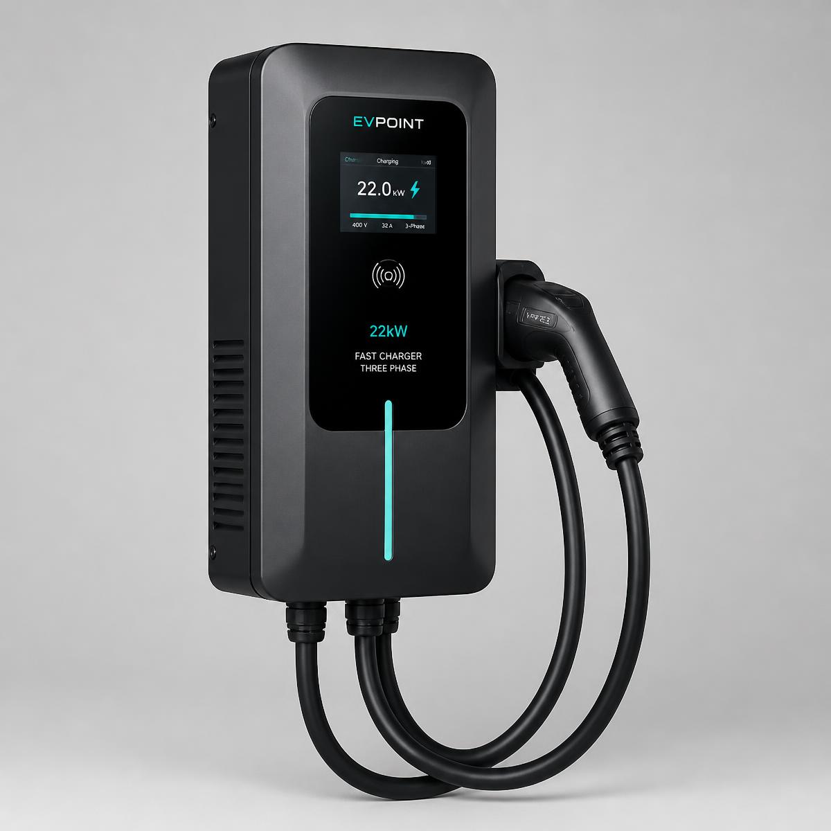 Cargador Max Volten trifásico de 22 kW con display digital y conector Tipo 2